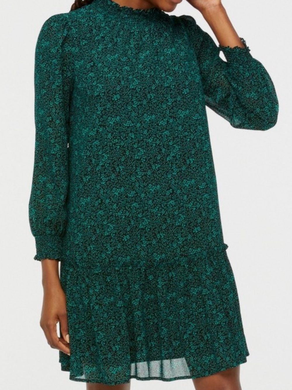 J CREW Smocked Drop-Waist Dress in green & black floral, size M